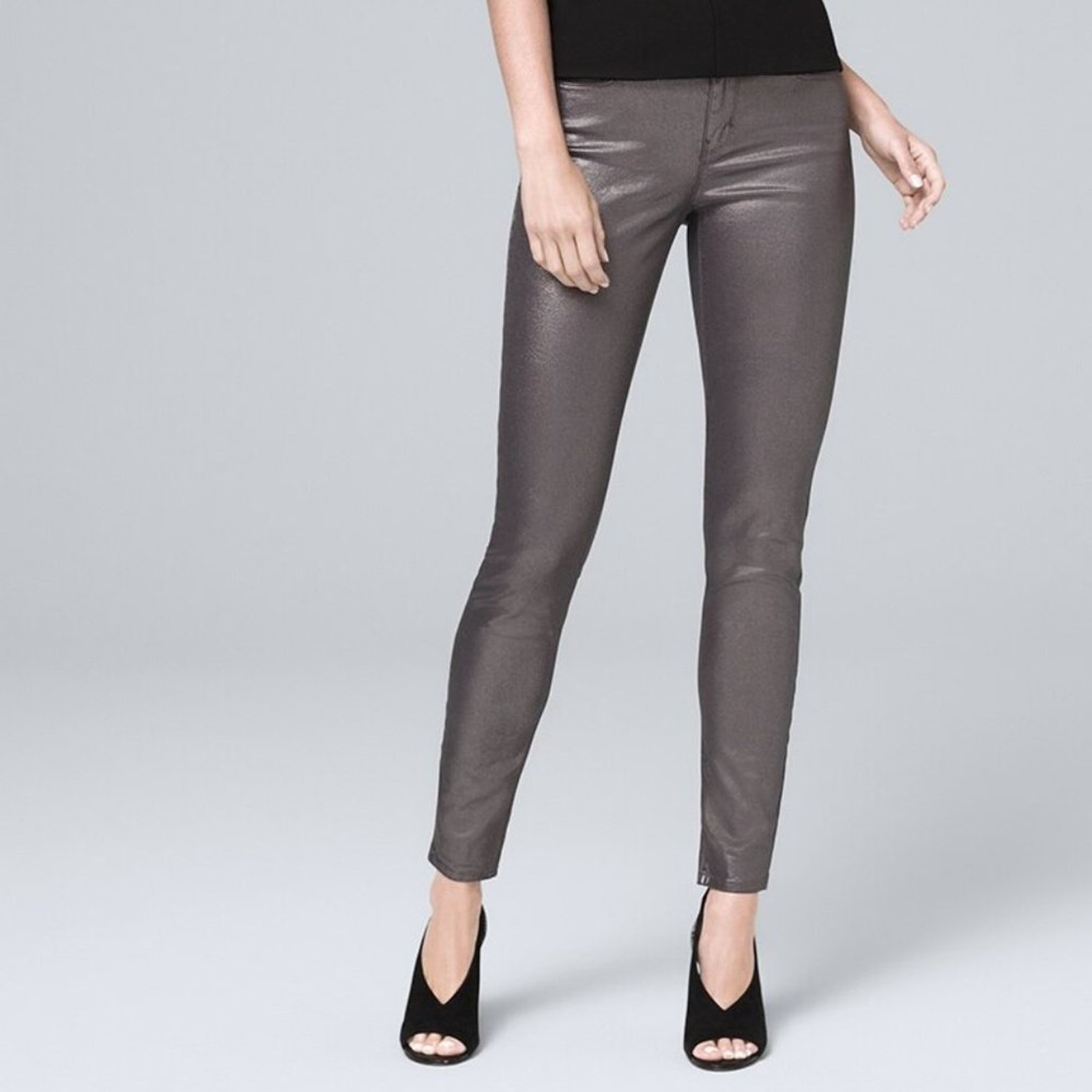 Whbm Mid-Rise Dark Gray Foil Metallic Skinny Ankle Jeans Size 2